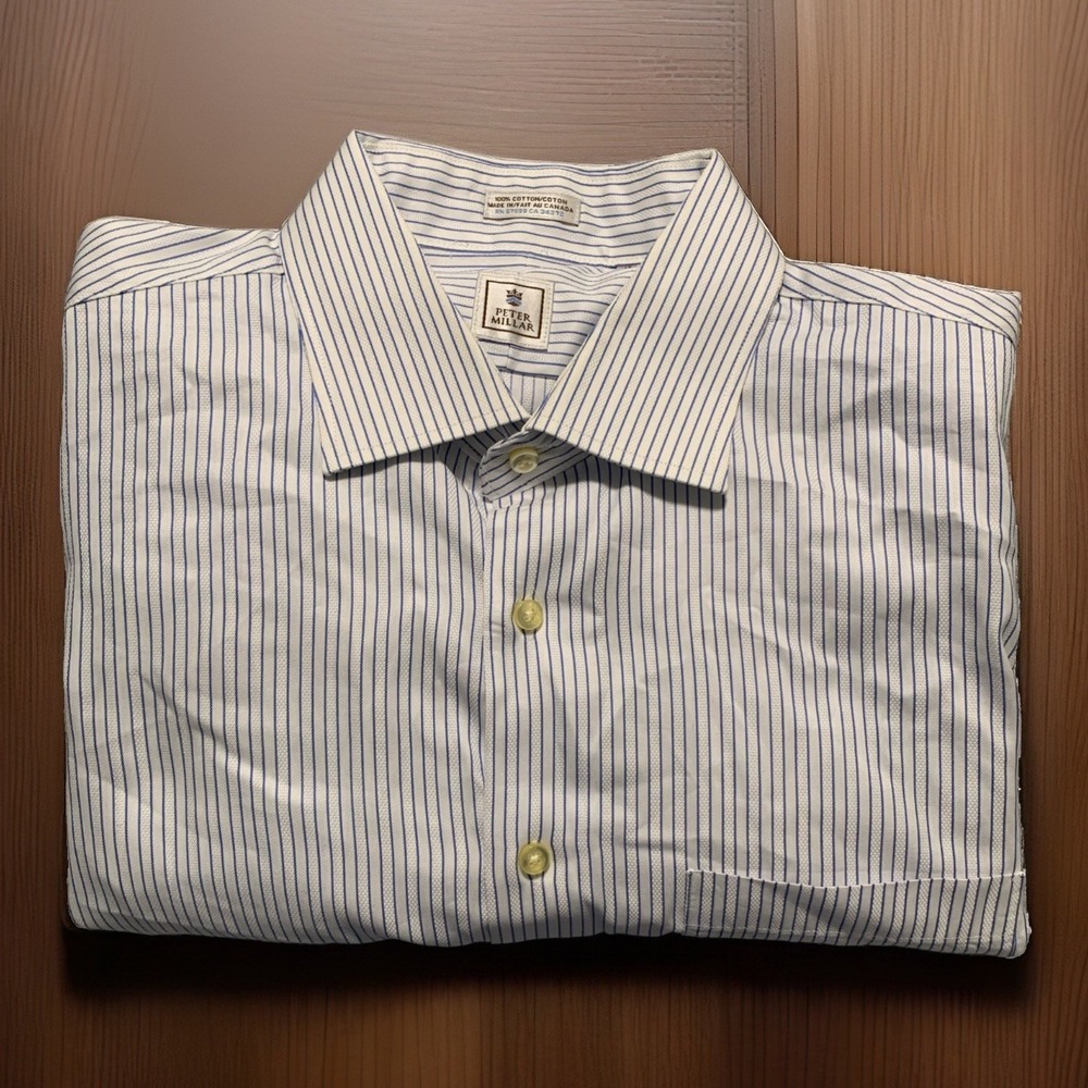 Peter Millar Men Dress Shirt 17 XL Blue White Vertical Stripe Long Sleeve Canada